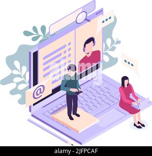 Isometric customer support faq composition with human characters of users and laptop computer vector illustration Stock Vector