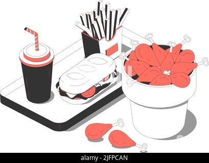 Fast food isometric composition with image of tray with french fries sandwich and chicken sticks with drink vector illustration Stock Vector