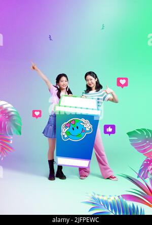 Z generation shopping event poster green environment campaign with two Korean young girls Stock Photo