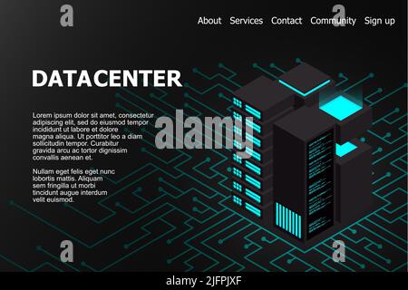 Isometric Data center. 3d isometric concept big data center with server. Creative vector illustration of server rack room. High technology vector illu Stock Vector