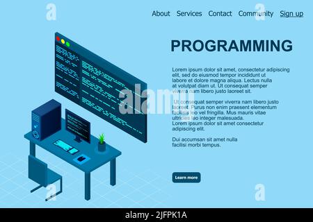 Programming or Software development web page template. Vector illustration with laptop isometric view and program code on screen. Programming concept. Stock Vector