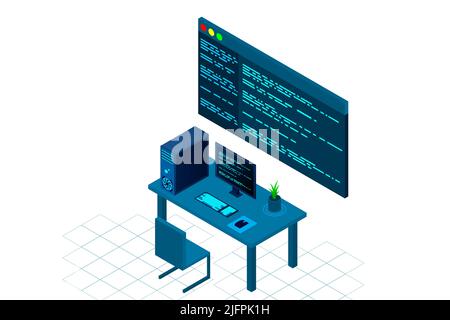 Programming or Software development web page template. Vector illustration with laptop isometric view and program code on screen. Programming concept. Stock Vector