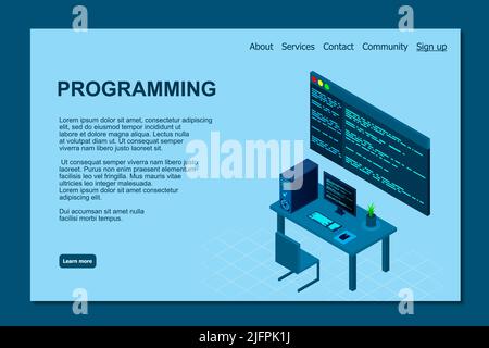 Programming or Software development web page template. Vector illustration with laptop isometric view and program code on screen. Programming concept. Stock Vector