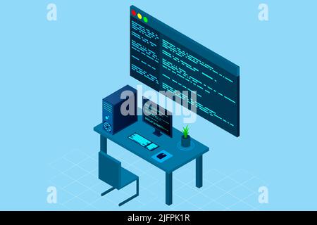 Programming or Software development web page template. Vector illustration with laptop isometric view and program code on screen. Programming concept. Stock Vector