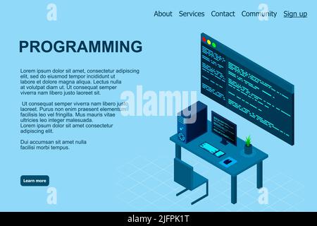 Programming or Software development web page template. Vector illustration with laptop isometric view and program code on screen. Programming concept. Stock Vector