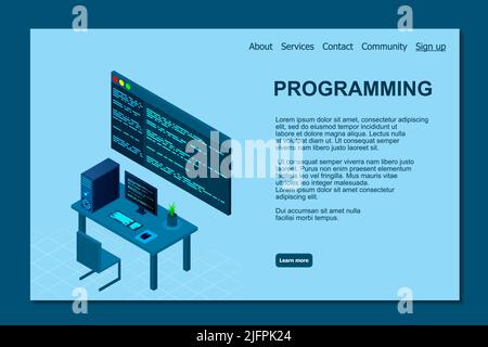 Programming or Software development web page template. Vector illustration with laptop isometric view and program code on screen. Programming concept. Stock Vector