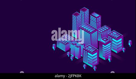Smart city in a futuristic style. Isometric smart city illustration. Intelligent buildings. Business center with skyscrapers and intelligent buildings Stock Vector
