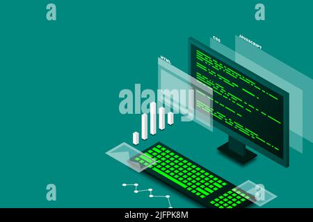Web design and development, computer programming, isometric technology, programming work, web programming, vector isometric illustration. Stock Vector