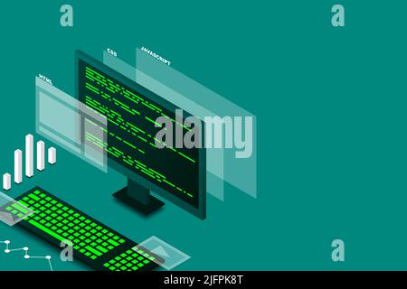 Web design and development, computer programming, isometric technology, programming work, web programming, vector isometric illustration. Stock Vector