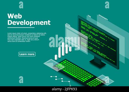 Web design and development, computer programming, isometric technology, programming work, web programming, vector isometric illustration. Stock Vector