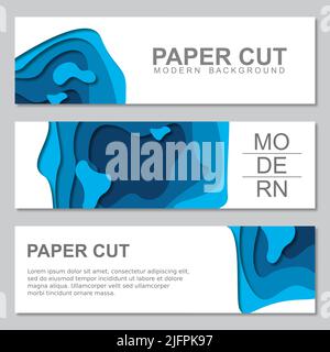 Banners set with 3D abstract background and paper cut shapes. 3D abstract paper cut style. Colorful carving art Stock Vector