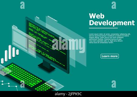 Web design and development, computer programming, isometric technology, programming work, web programming, vector isometric illustration. Stock Vector