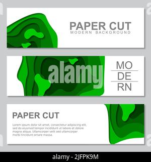 Banners set with 3D abstract background and paper cut shapes. 3D abstract paper cut style. Colorful carving art Stock Vector