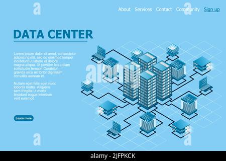 Concept of data network management . Vector isometric map with business networking servers computers and devices. Cloud storage data and synchronizati Stock Vector