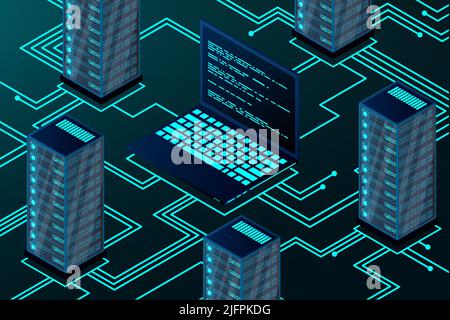 Isometric blockchain technology landing page. Cryptocurrency and blockchain isometric composition. Bitcoin trading. Global cryptocurrency blockchain d Stock Vector