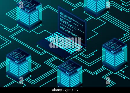 Isometric blockchain technology landing page. Cryptocurrency and blockchain isometric composition. Bitcoin trading. Global cryptocurrency blockchain d Stock Vector