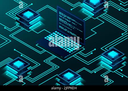 Isometric blockchain technology landing page. Cryptocurrency and blockchain isometric composition. Bitcoin trading. Global cryptocurrency blockchain d Stock Vector