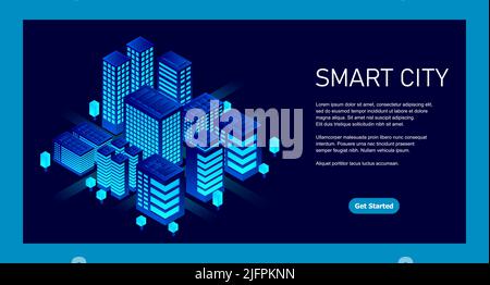 Smart city in a futuristic style. Isometric smart city illustration. Intelligent buildings. Business center with skyscrapers and intelligent buildings Stock Vector