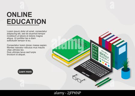 Online education, training, courses, e-learning , distance learning, exam preparation, home schooling. Web banner background. Workplace with laptop, b Stock Vector