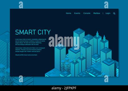 Isometric futuristic town with skyscrapers. Smart city technology for business and life. Intelligent buildings. Business center with skyscrapers. Smar Stock Vector