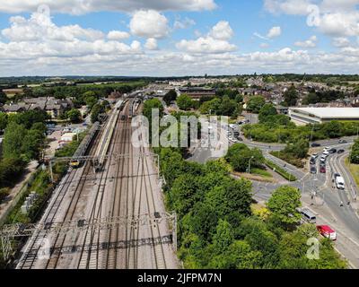 Colchester, UK. 04th July, 2022. (EDITORS NOTE: Image taken with drone) Colchester train station tracks leading out of the city. Credit: SOPA Images Limited/Alamy Live News Stock Photo