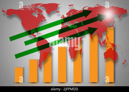 Double exposure with red world map with downward bar graph from business and financial concept. Elements of this image furnished by NASA. Stock Photo