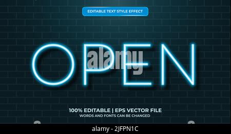 Open neon glowing text effect isolated on brick background. Editable text effect Stock Vector
