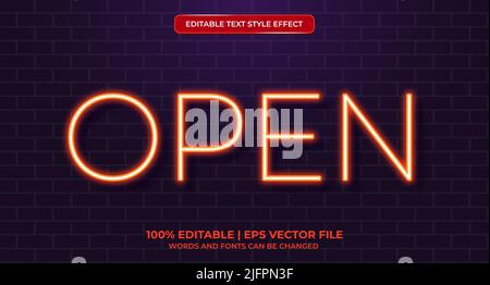 Open neon glowing text effect isolated on brick background. Editable text effect Stock Vector