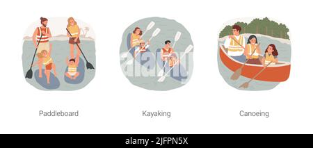 Activities on the lake isolated cartoon vector illustration set. Family paddleboarding, summer vacation activity, kayaking with kids, lake canoeing, entertainment in the nature vector cartoon. Stock Vector