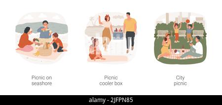 Picnic time isolated cartoon vector illustration set. Happy family members sitting on blanket on sand, seaside picnic, people carry cooler box with cold drinks, lunch in urban park vector cartoon. Stock Vector