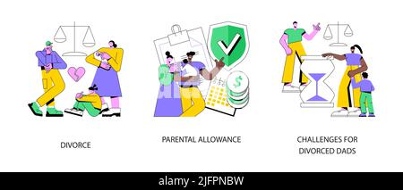 Family breakdown abstract concept vector illustration set. Divorce and separation, parental allowance, challenges for divorced dads, husband and wife conflict, single mom, alimony abstract metaphor. Stock Vector