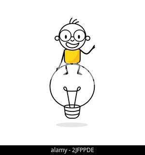 Illustration of a man sitting on top of a big light bulb. Creativity and idea concept. Hand drawn doodle stickman isolated on white background. Vector Stock Vector