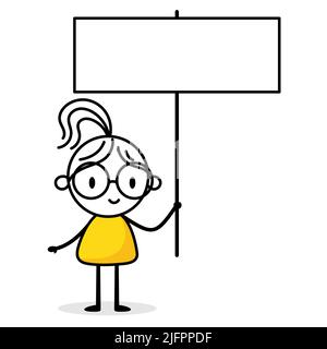 Businesswoman holds a board isolated on white background. Hand drawn doodle woman. Vector stock illustration. Stock Vector