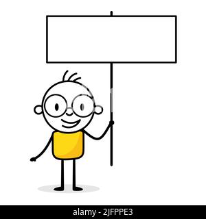 Businessman holds a board isolated on white background. Hand drawn doodle man. Vector stock illustration. Stock Vector
