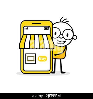 Man promoting online store behind a big mobile phone. Digital business and marketing concept. Vector stock illustration. Stock Vector