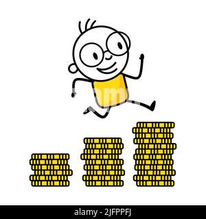 Man jumping to golden stack coins for his financial independence. Financial planning for the future. Vector stock illustration. Stock Vector