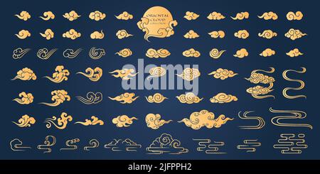Chinese cloud oriental element vector illustration big collection gradient filled golden silhouette style Stock Vector