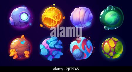 Fantasy alien planets for ui space game. Vector cartoon icons set of magic fantastic world, cosmic objects different colors with bubbles, cracks and rocks. Cute planets and moons collection Stock Vector