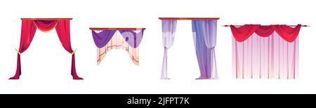 Different form curtains for windows vector cartoon set of house interior elements, window with drapes and blind isolated on white background Stock Vector