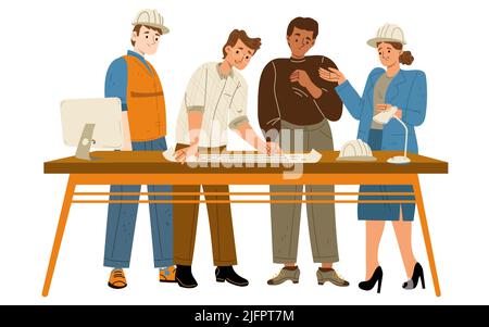 Architects and builders learn house plan around table. Construction workers, engineers or foreman architecture employees in helmets discuss blueprint lying on desk, Line art flat vector illustration Stock Vector