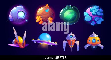 Alien spaceship, fantasy planets game icons vector set. Funny rockets, ufo shuttles cartoon collection illustrations isolated on white background. Cute cosmic objects, computer game graphic elements Stock Vector