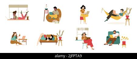Home office set, freelancers men and women working remotely on laptops at comfortable domestic workplace. Outsourced workers, freelance, self-employed occupation Line art flat vector illustration Stock Vector