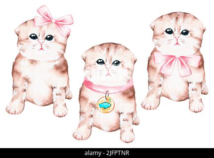 Three little kittens. Watercolor illustration. Isolated on a white background. For your design birthday greeting cards, baby products. Stock Photo