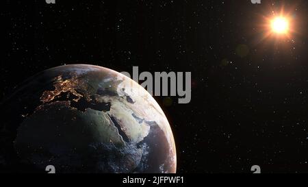 Planet earth with realistic geography surface and orbital 3D cloud atmosphere . Outer space view of world globe sphere of continents . 3D rendering Stock Photo