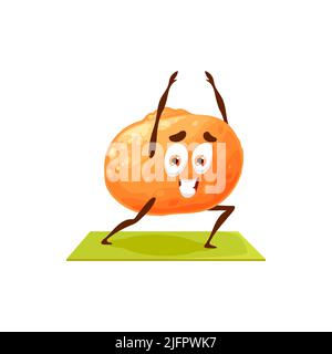 Clementine mandarin citrus fruit isolated sportive emoticon cartoon character doing fitness yoga pilates exercises. Vector tangerine orange citrus fruit on mat or rug, tropical food healthy lifestyle Stock Vector