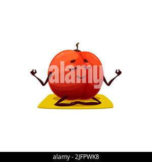 Persimmon exotic fruit isolated in lotus pose sitting on yoga mat cartoon character emoticon. Vector Jiro persimmon fruit, tropical food dessert doing fitness pilates exercises. Peach apricot mascot Stock Vector