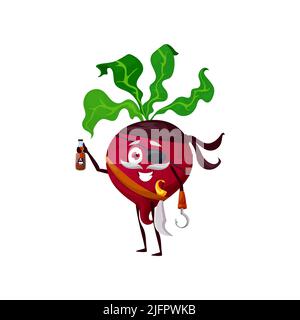 Funny beetroot vegetable corsair emoticon in pirate bandana isolated funny cartoon character with hook hand and rum bottle. Vector farm veggie food, corsair buccaneer, cute captain beet green leaves Stock Vector