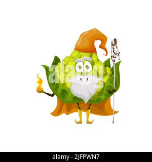 Vegetable magician romanesco cauliflower witch, wizard fairy cartoon character with stick, in fairy cap and cape isolated. Vector veggie with magic wand and fire in hands, funny magic kids foot Stock Vector