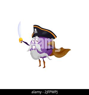 Pirate emoticon plum or fig purple tropical fruit isolated berry cartoon character. Vector exotic food dessert, ripe summer cluster or sycamore fig. Fruit corsair buccaneer in captain hat and sword Stock Vector