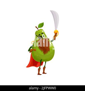 Pear or green tropical guava fruit pirate or buccaneer isolated funny cartoon characters. Vector playful corsair in cloak, with eye patch and sword, bearded juicy pear kids children emoji Stock Vector
